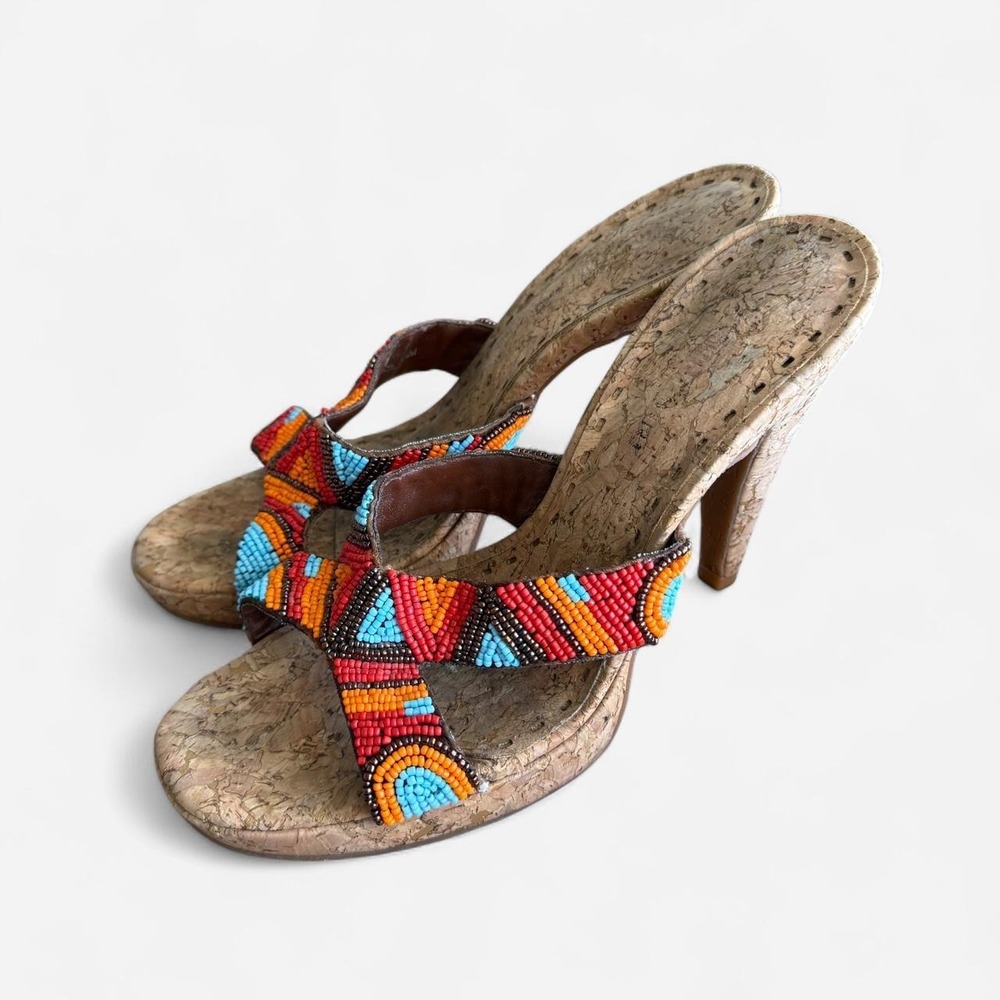 Gianni Bini Cork heels with beaded straps